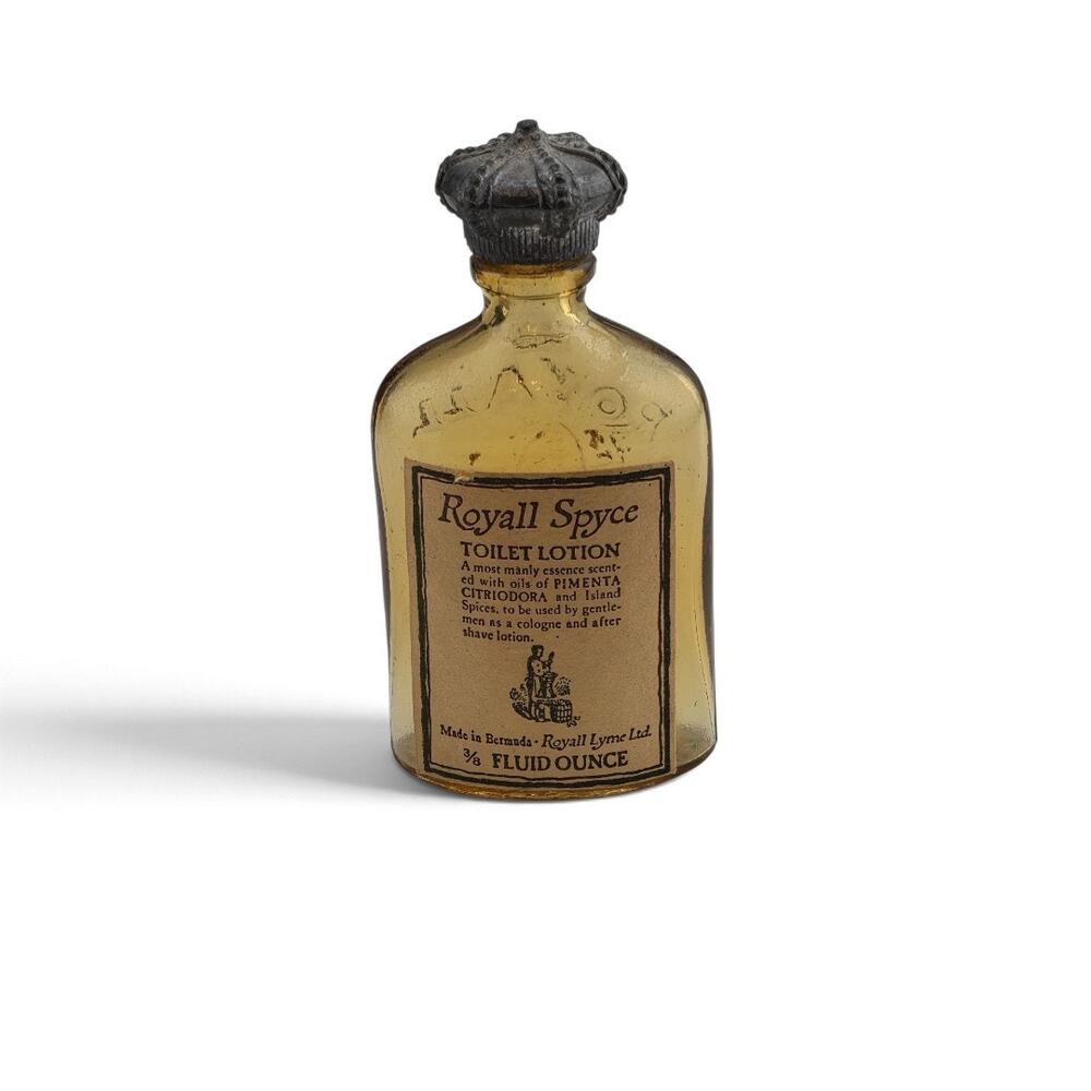 Vintage Royall Spyce Toilet Lotion Amber Glass Bottle Crown Cap Collectible
